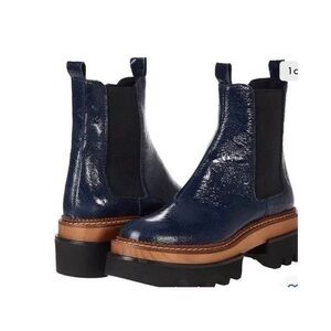 Free People Chelsea Vance Crackled Patent Boots Indigo Wood Lug Sole 37